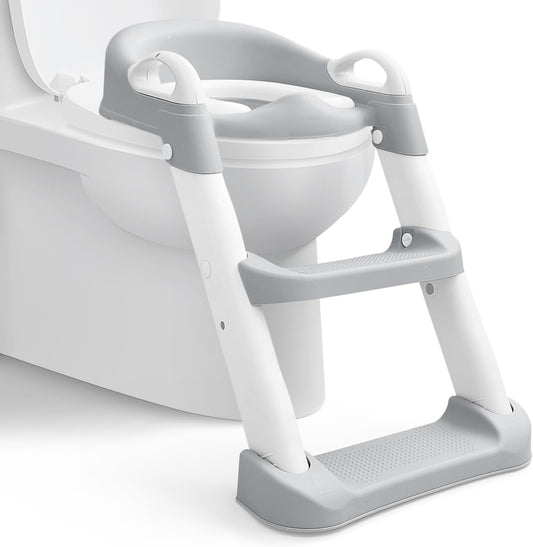 Kids Potty Training Seat with Steps,Adjustable Toddlers Potty Toilet Trainer,Toilet Ladder Seat, Folding Children's Toilet Training with Steps Non Slip & Space Efficient for Boys Girls，Grey