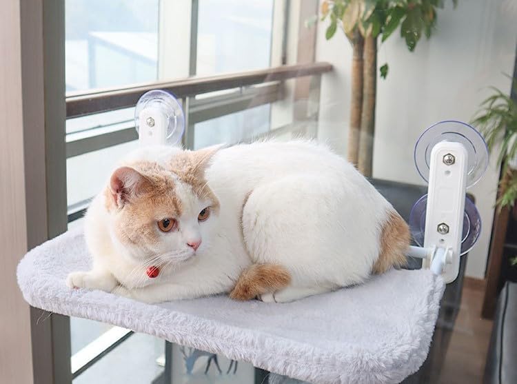 SKY-TOUCH Cat Hammock Bed, Cat Window Perch : Foldable Cordless Cat Hammock with 4 Strong Suction Cups Solid Metal Frame Soft Plush Pad for Cats Sunbathing Napping Overlooking (White 52 * 32 * 20cm)