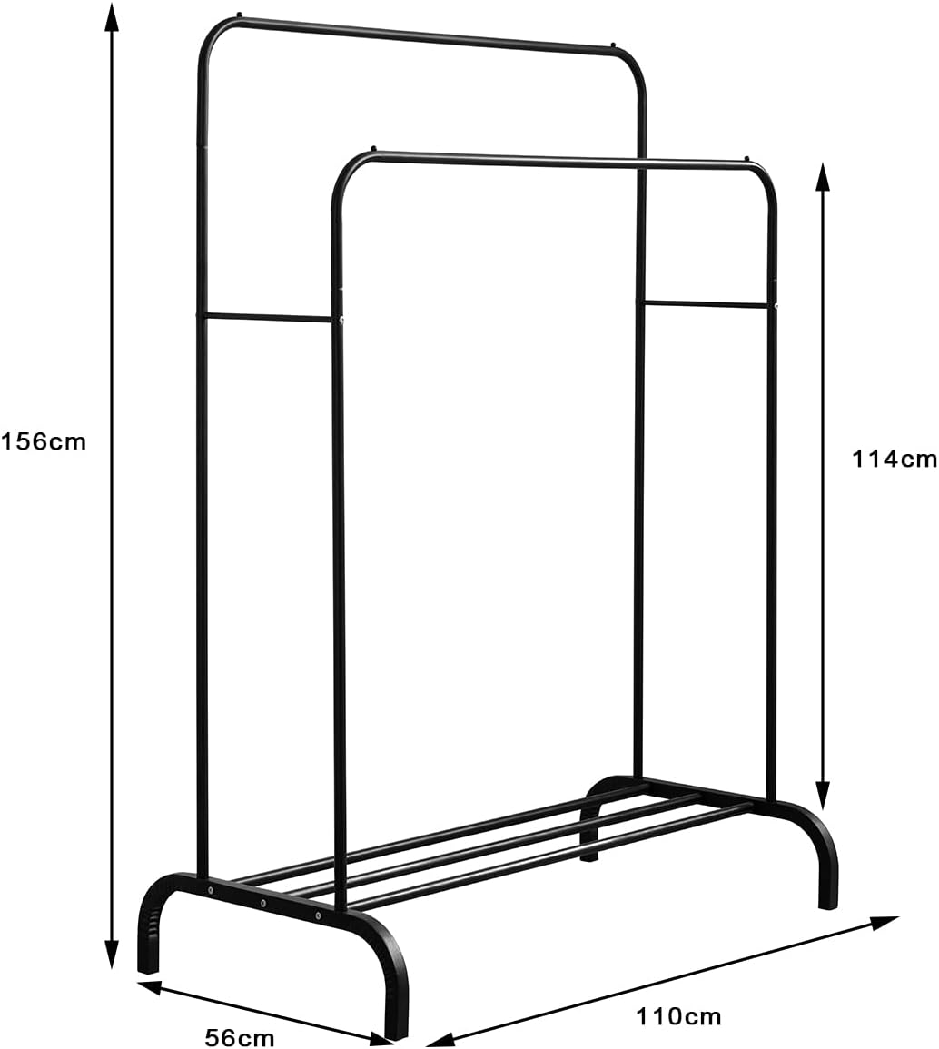 SKY-TOUCH Multipurpose Clothing Garment Rack with Bottom Shelves,Metal Clothes Stand Rack with Rod and Lower Storage Shelf, Heavy Duty Coat Rack and Shoe Bench Storage Stand for Indoor Bedroom