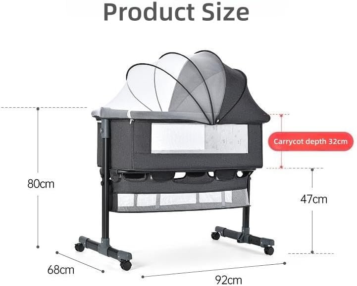 SKY-TOUCH Baby Bedside Crib Adjustable, Baby Cradle With Large Storage Basket, Travel Crib with Mattress Breathable Net,Mosquito Net Detachable, Soft Mattress 360¡ãSwivel Wheels, for Infants Newborn