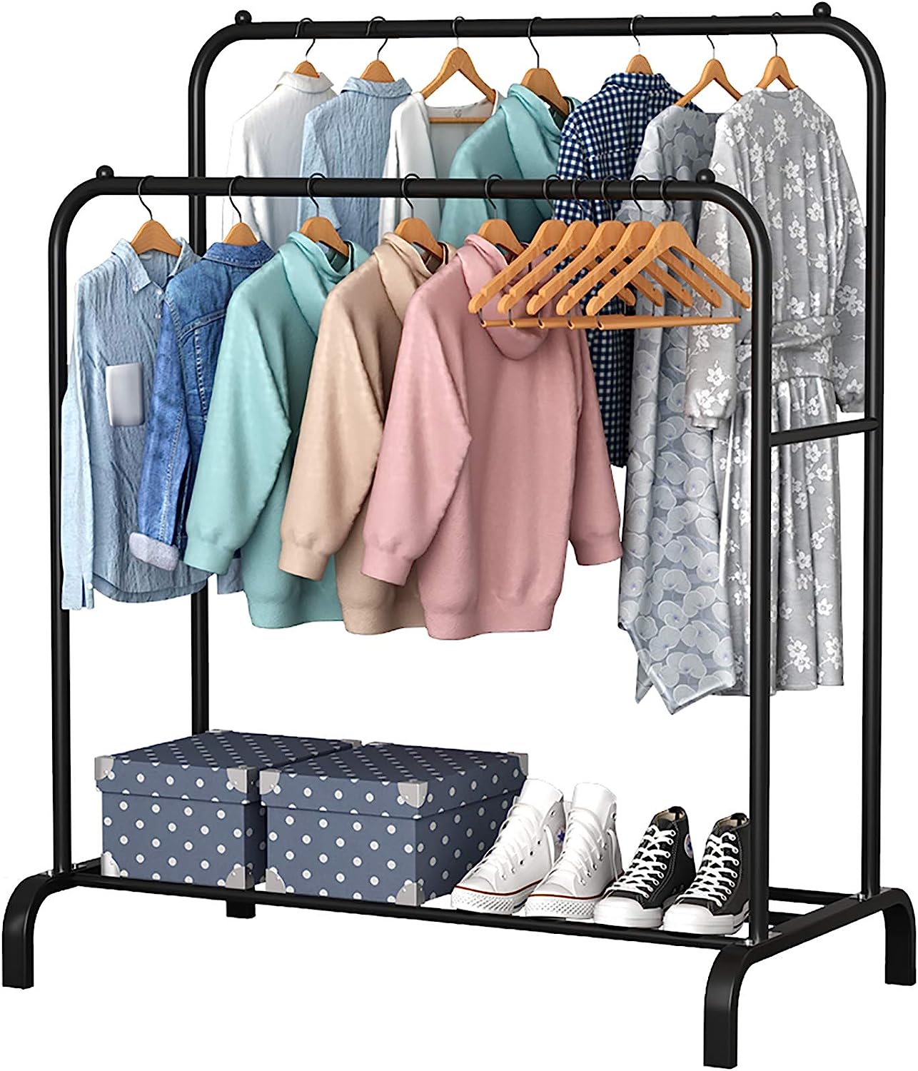 SKY-TOUCH Multipurpose Clothing Garment Rack with Bottom Shelves,Metal Clothes Stand Rack with Rod and Lower Storage Shelf, Heavy Duty Coat Rack and Shoe Bench Storage Stand for Indoor Bedroom