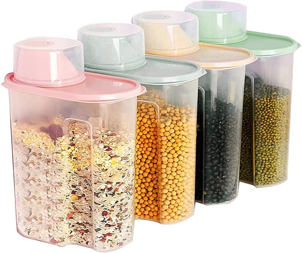 Cereal Containers 4pcs with Measuring Cup, 2.5L Food Storage Containers, Kitchen Pantry Airtight Plastic Storage Organizer, Food Grade and BPA Free, for Cereal, Dry Food, Flour and Sugar