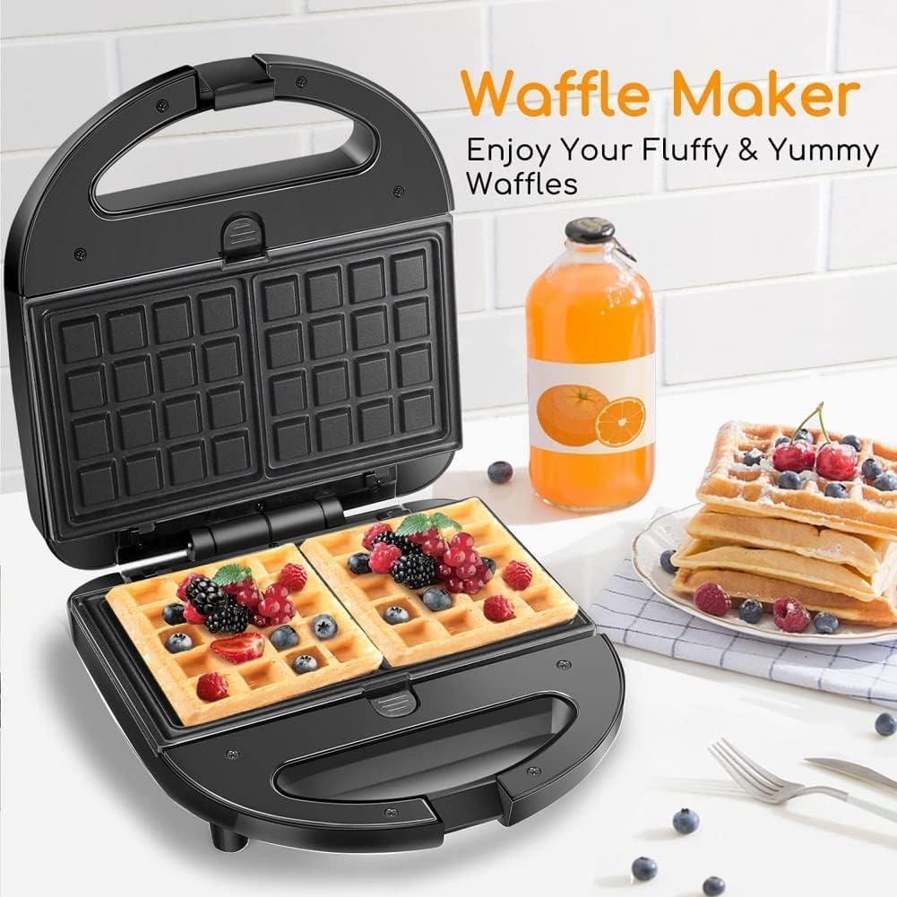 SKY-TOUCH 3 in 1Sandwich Maker: Portable Waffle Maker Toaster Electric Panini Press Grill Set with Removable Non-stick Plates Indicator Lights Easy Clean Heating Fast (Black 750W)