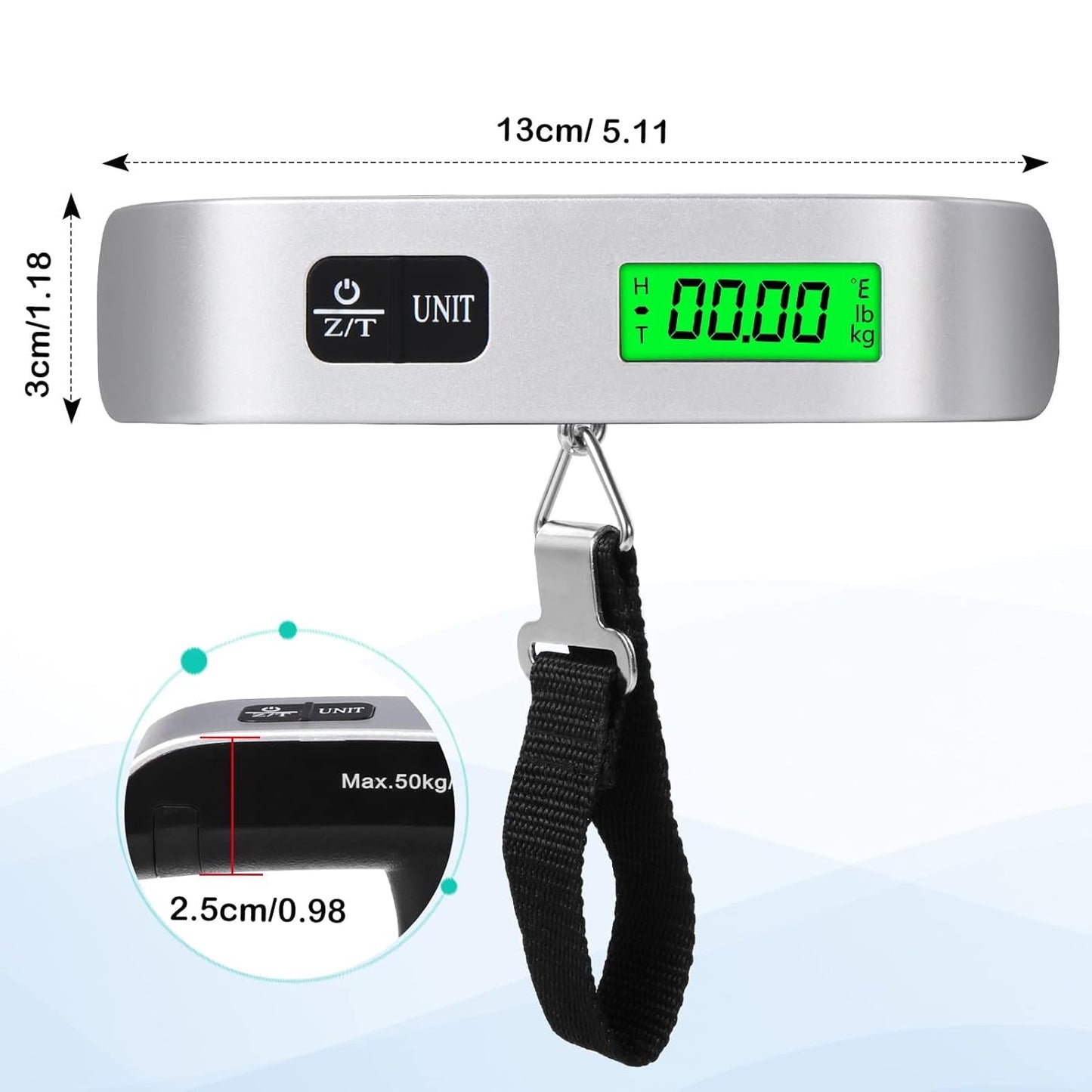 SKY-TOUCH Digital Luggage Scale, Portable Luggage Weight Scale, Hanging Suitcase Weigher for Travel, Suitcase Scale with Temperature Measurement Function 110 lb/ 50KG Capacity Grey