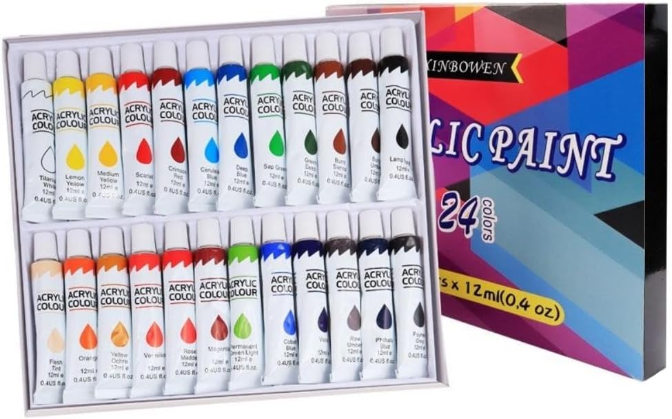 SKY-TOUCH Acrylic Paint Set : 24 Colors 12ml Non-Toxic Art Craft Paints Kids Adults Painting Drawing DIY Art Supplies for Canvas Fabric Ceramic Glass Stone Model Wood Painting