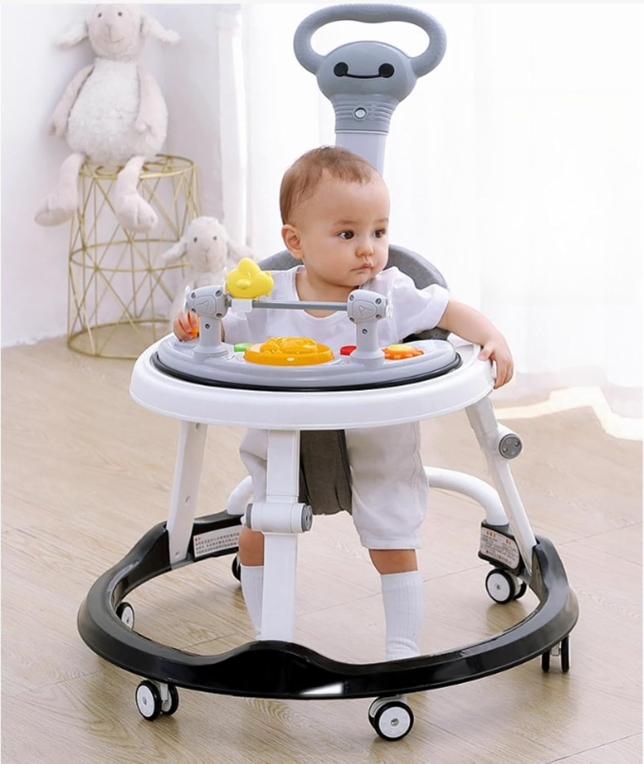 SKY-TOUCH Foldable Baby Walkers with Wheels and Baby Activity Center Toys Tray, Baby Walker with Foot Pads Handles Adjustable Height, Baby Walker for Boys and Girls from 6-18 Months