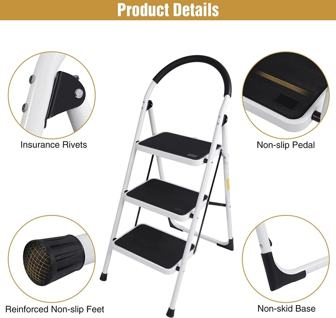 SKY-TOUCH Foldable Ladder, Home Ladder Folding Step Stool with Wide Anti-Slip Pedal, Adults Folding Sturdy Steel Ladder for Home,Kitchen, Garden, Office