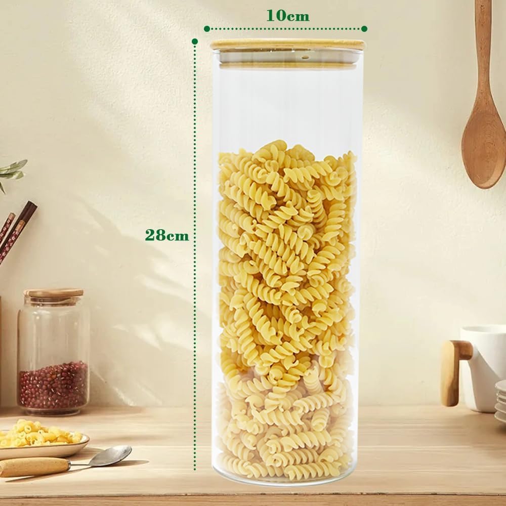 SKY-TOUCH Airtight Glass Jars with Bamboo Lids, Storage Jars with Labels, Airtight Food Containers, Clear Glass Bulk Food Canister for Food, Coffee, Spice, Sugar, Herb, Cookie, Tea