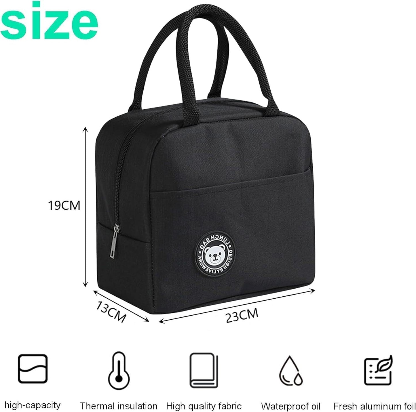 Lunch Box Bag : Reusable Insulated Lunch Tote Bag Leakproof Thermal Cooler Sack Food Handbags Case for Work Office School Picnic Travel Black