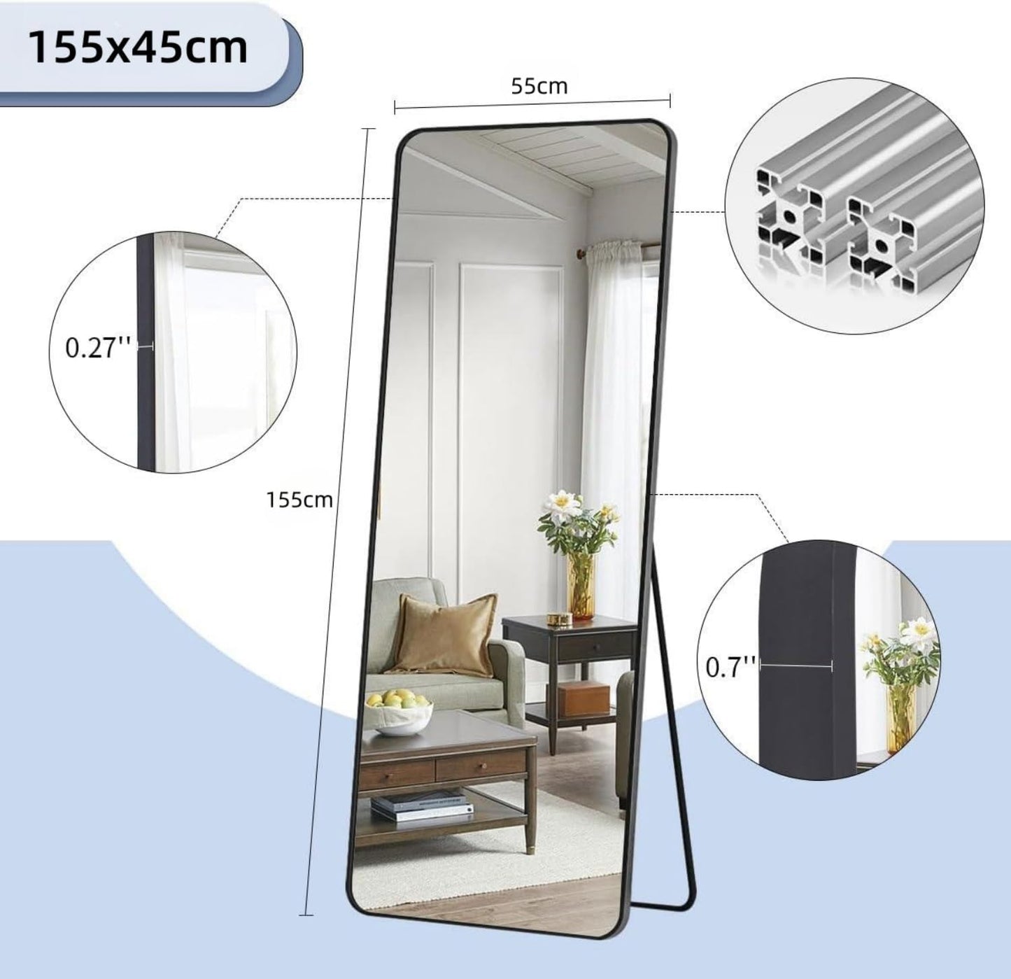 SKY-TOUCH Full Length Mirror 155x45cm, Floor Mirrors with Aluminum Alloy Frame Free-Standing Leaning Large Bedroom Dressing Mirror, Full Body Mirror with Stand for Living Room,Bedroom,Black