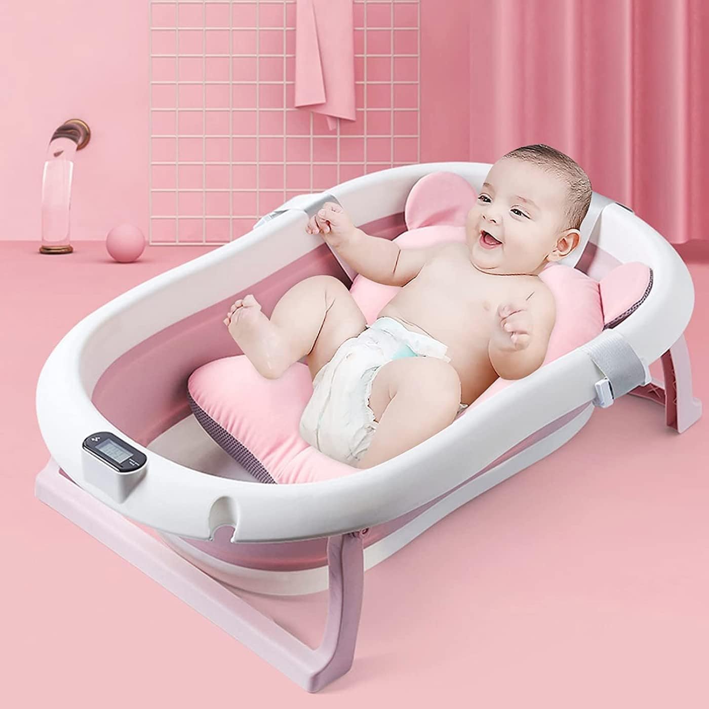 SKY-TOUCH Baby Foldable Bath Tub with Bathmat Cushion & Thermometer, Portable Baby Bathtub with Drain Hole, Shower Basin with Non-Slip Support Leg for 0-6 Years Boy Girl