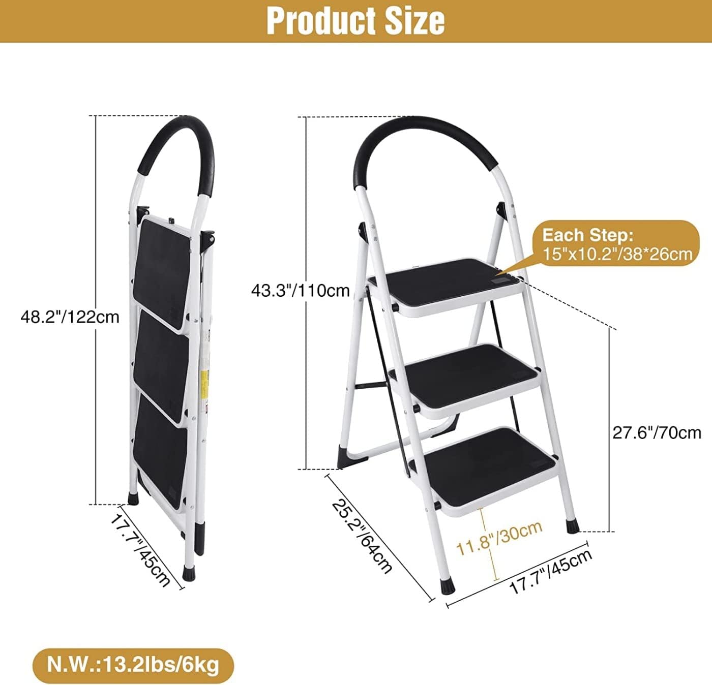 SKY-TOUCH Foldable Ladder, Home Ladder Folding Step Stool with Wide Anti-Slip Pedal, Adults Folding Sturdy Steel Ladder for Home,Kitchen, Garden, Office