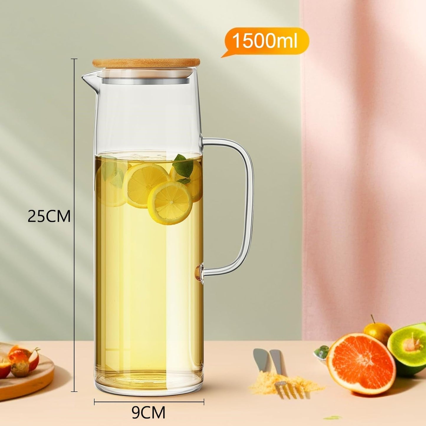 SKY-TOUCH 1500ml Glass Pitcher : Hot/Cold Water Carafe with Handle and Bamboo Lid Water Jug for Fridge Tea Beverage Juice Milk Coffee