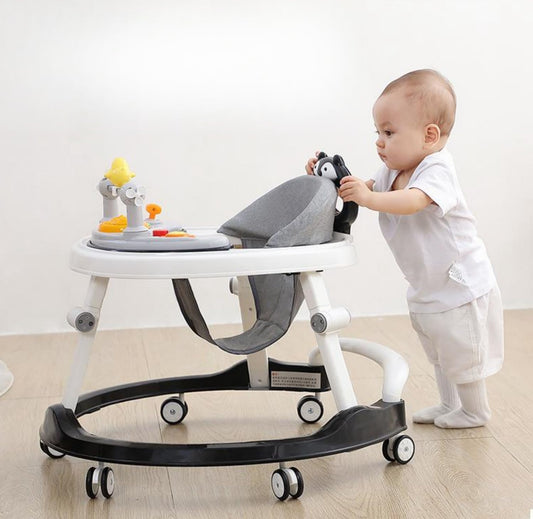 Foldable Baby Walkers with Wheels and Baby Activity Center Toys Tray, Baby Walker with Foot Pads Handles Adjustable Height, Baby Walker for Boys and Girls from 6-24 Months