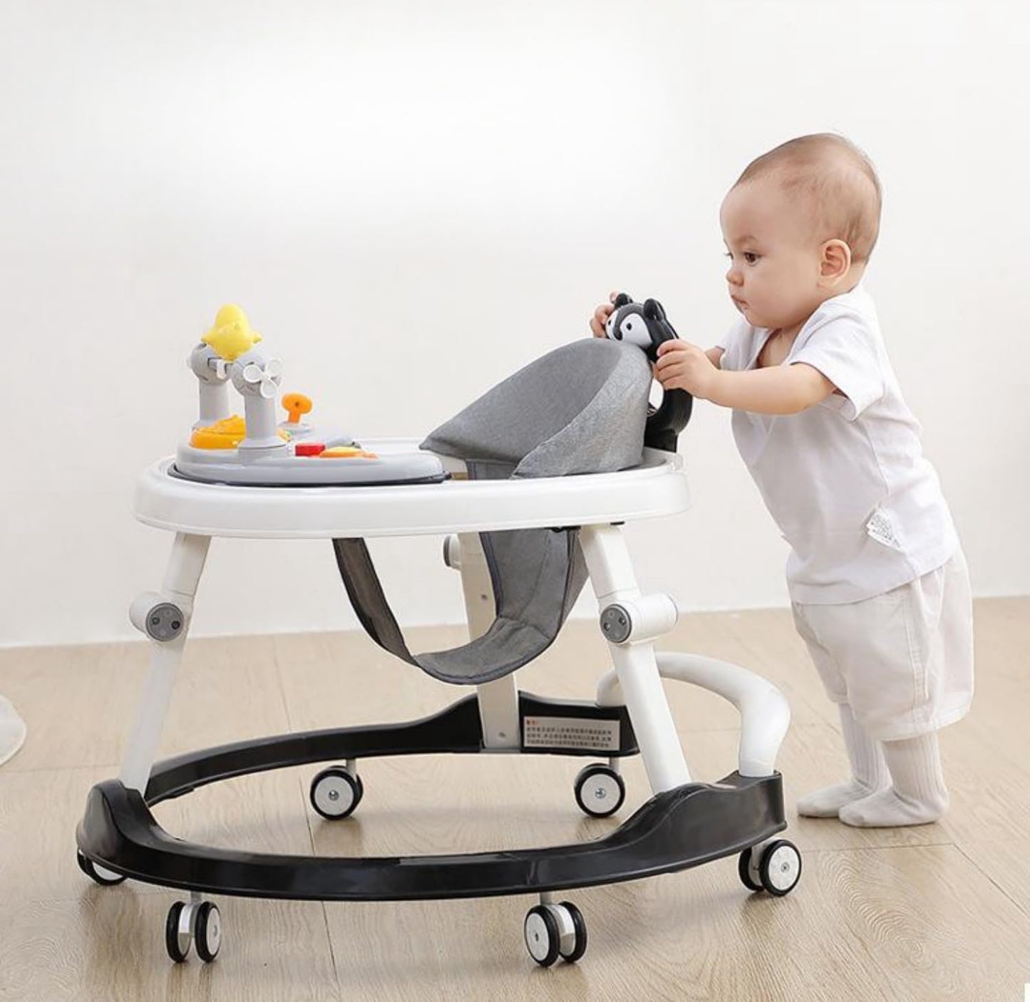 SKY-TOUCH Foldable Baby Walkers with Wheels and Baby Activity Center Toys Tray, Baby Walker with Foot Pads Handles Adjustable Height, Baby Walker for Boys and Girls from 6-18 Months