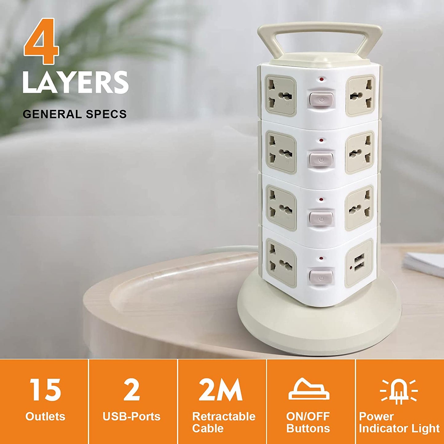 SKY-TOUCH Vertical Tower Power Strip Universal with 14 Charging Multi Plugs 4 USB Ports, Electric Charging Station Surge Protector