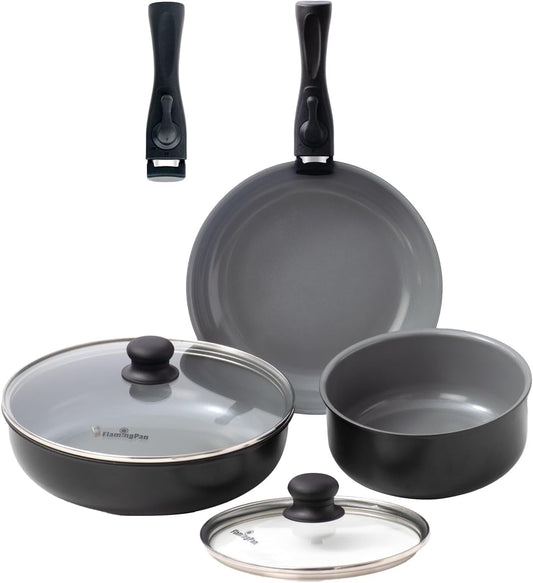 SKY-TOUCH 6pcs Nonstick Cookware Sets,Non Stick Pots and Pans Set Detachable Handle, Kitchen Cookware Sets with Removable Handle, Stackable RV Cookware for Campers,Dishwasher/Oven Safe,Grey