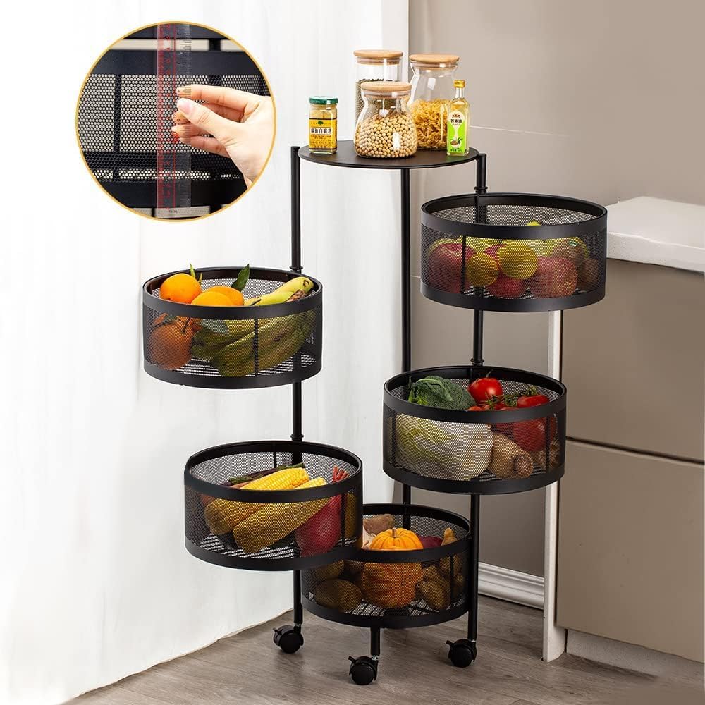 SKY-TOUCH 5 Tier Kitchen Storage Shelf, Rotatable Fruit Vegetable Basket, Circular Rotating Basket Large Storage Rack with 4 Movable Wheels