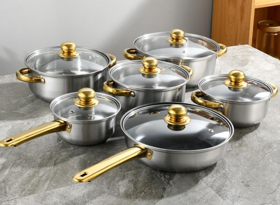 12PCS Stainless Steel Cookware Set : Heavy Pots & Pans Setve with Tempered Glass Lids Kitchen Essentials for Cooking (Gold)