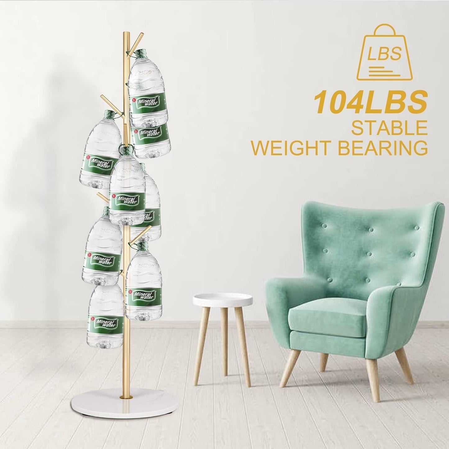 SKY-TOUCH Free Standing Hall Coat Tree with 7 Hooks, Stand Tree Rack with Marble Round Base, Entryway Coat Stand for Purses, Clothes, Scarves, for Hallway, Bedroom, Living Room, Golden-170*30*30cm