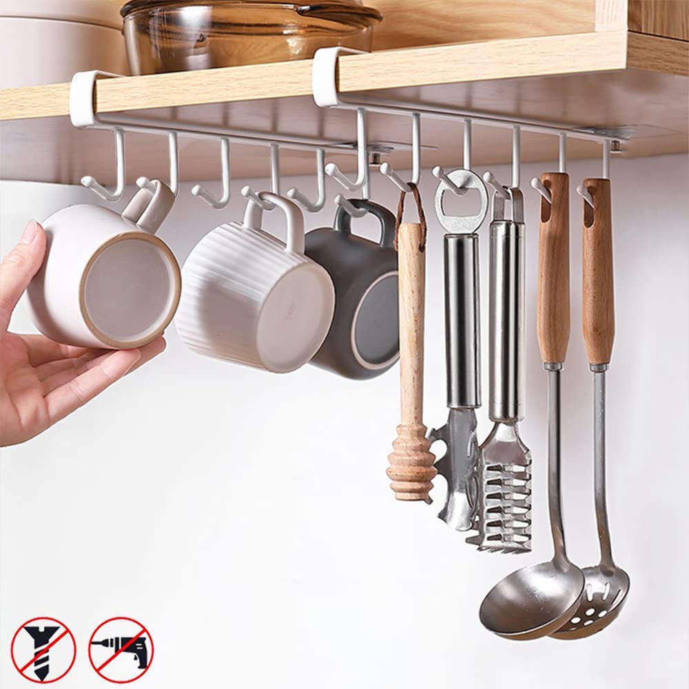 Cup Holder Under Cabinet £¬Multifunction Kitchen Drilling Free Coffee Cups Holder Hanger for Cups/Kitchen Utensils/Ties Belts/Scarf/Keys Storage Rack Cupboard Shelf Hanging Hook£¬White