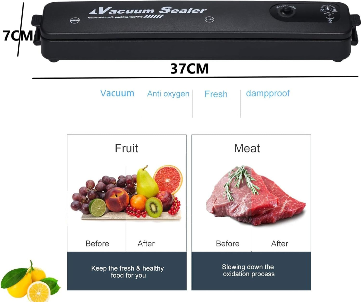 SKY-TOUCH Vacuum Sealer Machine : Automatic Food Saver Vacuum Sealer Machine with Powerful Suction One-Touch Safe Operation Easy to Clean for Meat Vegetable Nuts Fruits (Black 37 * 7CM)