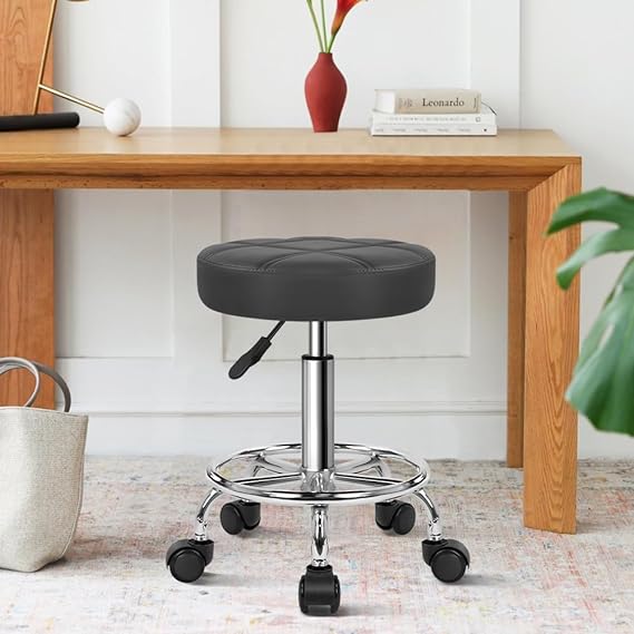 SKY-TOUCH Round Rolling Stool: Vanity Chair with PU Leather Height Adjustable 360¡ã Swivel Stool with Wheels for Office Home Drafting Work Studio Shop SPA Salon