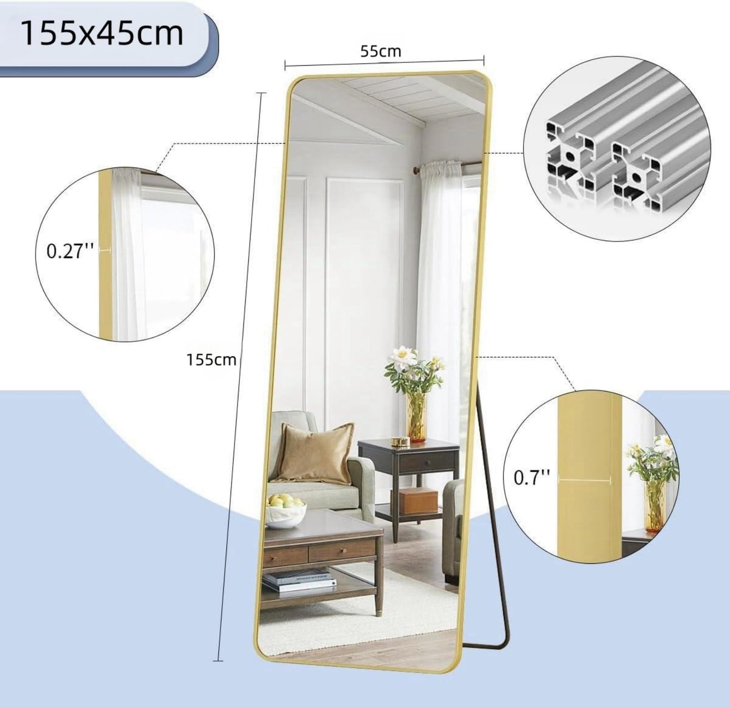 SKY-TOUCH Full Length Mirror 155x45cm, Floor Mirrors with Aluminum Alloy Frame Free-Standing Leaning Large Bedroom Dressing Mirror, Full Body Mirror with Stand for Living Room,Bedroom, Gold