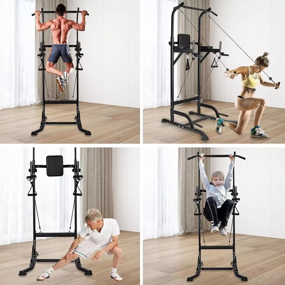 Power Tower Pull Up Bar : Strength Training Fitness Workout Station with Resistance Bands Multi-Function Adjustable Height Dip Station for Home Gym (Black, 300KG)