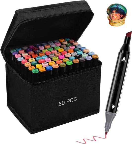 SKY-TOUCH 80 Colored Alcohol Markers Marker Set, Colouring Pens, Markers, Art pens for Drawing, Sketching, Anime and Manga Colouring Books Adults, Double Tip Markers with Black Bag and Storage Base