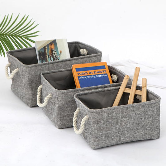 SKY-TOUCH 3Pcs Fabric Storage Basket : Foldable Large Linen Storage Bin with Cotton Rope Handle Fabric Storage Cubes Closet Organizer for Home Nursery Shelves Clothing Toys Books Gift Decor (Grey)