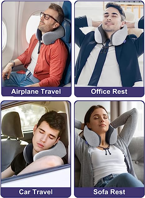 Travel Pillow Set, 100% Pure Memory Foam Neck Pillow, U Shape Head Pillow Airplane Travel Kit with 3D Contoured Eye Masks, Earplugs and Storage Bag (Grey)