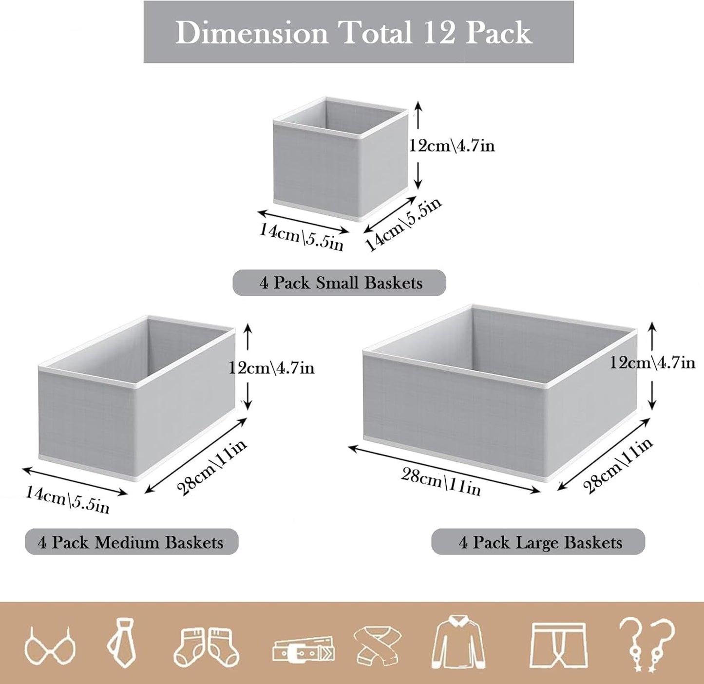 SKY-TOUCH 12 pack Underwear Drawer Organiser, Clothes Storage Organizer, Foldable Fabric Closet Storage Organizer for Baby Clothing, Dresser, Sock, Bra, Towels, Grey