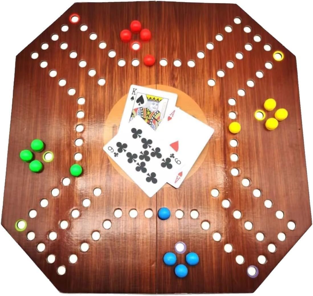 SKY-TOUCH Jackaroo Board Game : Foldable Lightweight and Portable Family Board Game 4 Players With Glass Marbles and Cards (38 * 38CM Brown)