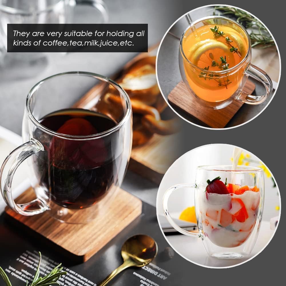 SKY-TOUCH 4Pack 450ml Double Wall Glass Coffee Mugs : Insulated Layer Clear Coffee Cups with Handle for Hot Beverage Cold Drinks Tea Espresso Cappuccino Latte Americano Juice