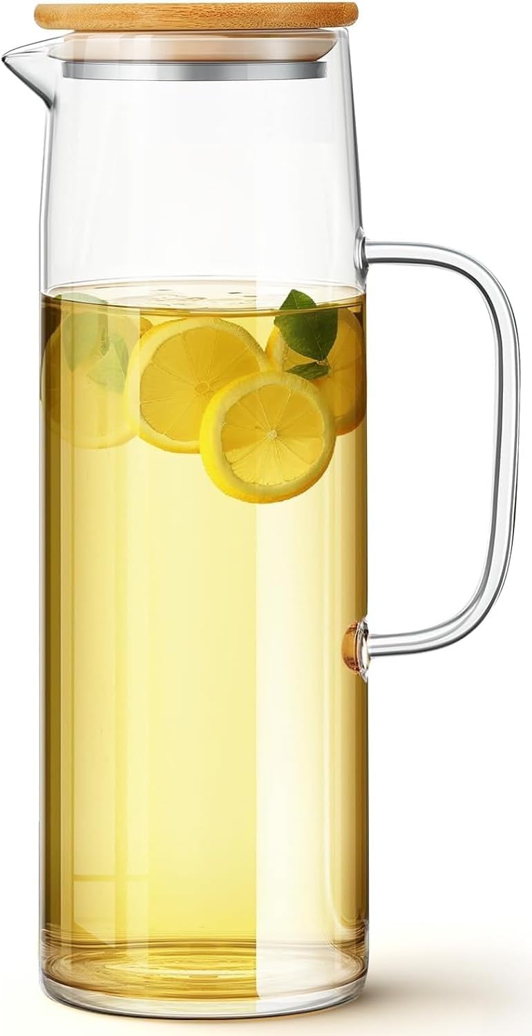 SKY-TOUCH 1500ml Glass Pitcher : Hot/Cold Water Carafe with Handle and Bamboo Lid Water Jug for Fridge Tea Beverage Juice Milk Coffee