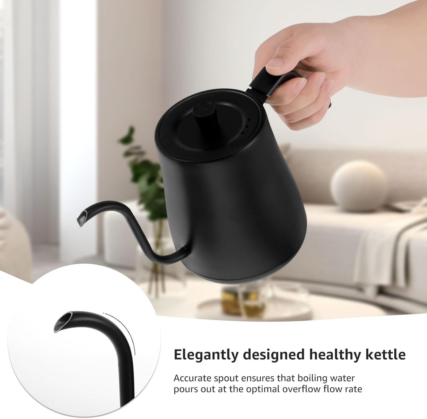 SKY-TOUCH 1000W Electric Kettle : 4Min Quick Heating Electric Gooseneck Kettles with Auto Shutoff Anti-dry Protection 100% Stainless Steel Inner & Lid for Pour-over Coffee & Tea Matt Black