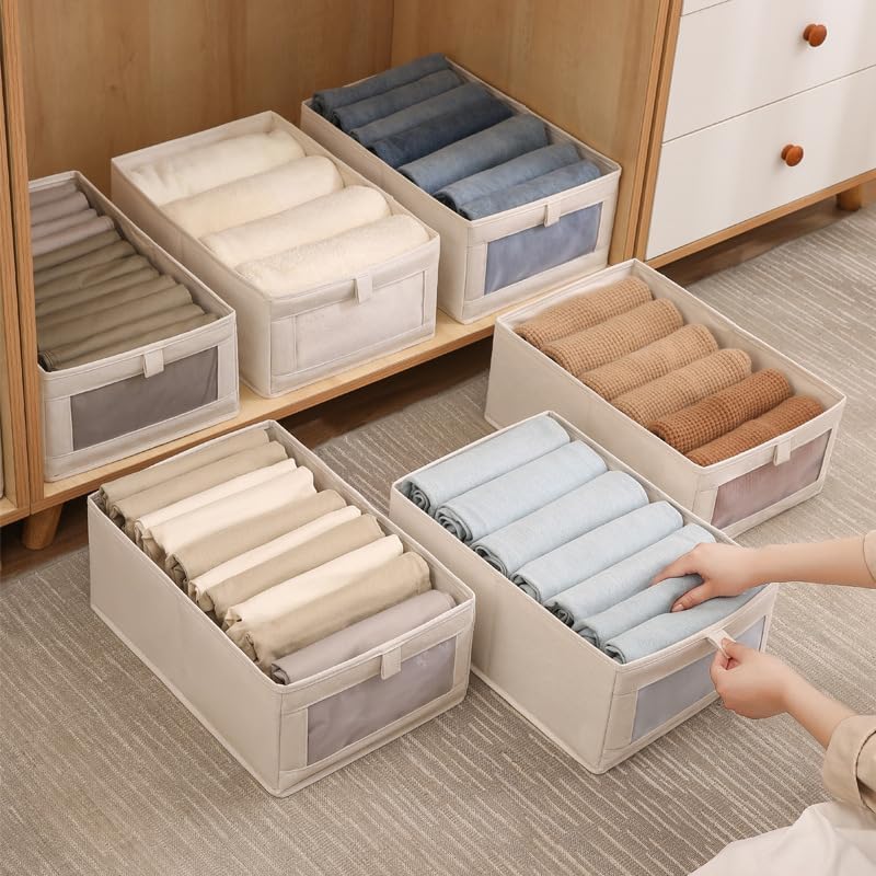 SKY-TOUCH 3Pcs Linen Storage Bins : Closet Organizers and Storage with Clear Window Foldable Large Storage Closet Baskets for Organizing Clothing Toys Books Shelves (Beige 40x27x18cm)