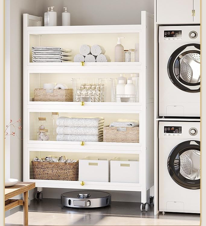 SKY-TOUCH 5-Tier Storage Cabinet : Standing Shelf Units with 4 Door Bookshelf Bookcase with 4 Wheels Storage Rack Organizer Workstation for Kitchen Home Office Pantry Study (White 144 * 55 * 32cm)