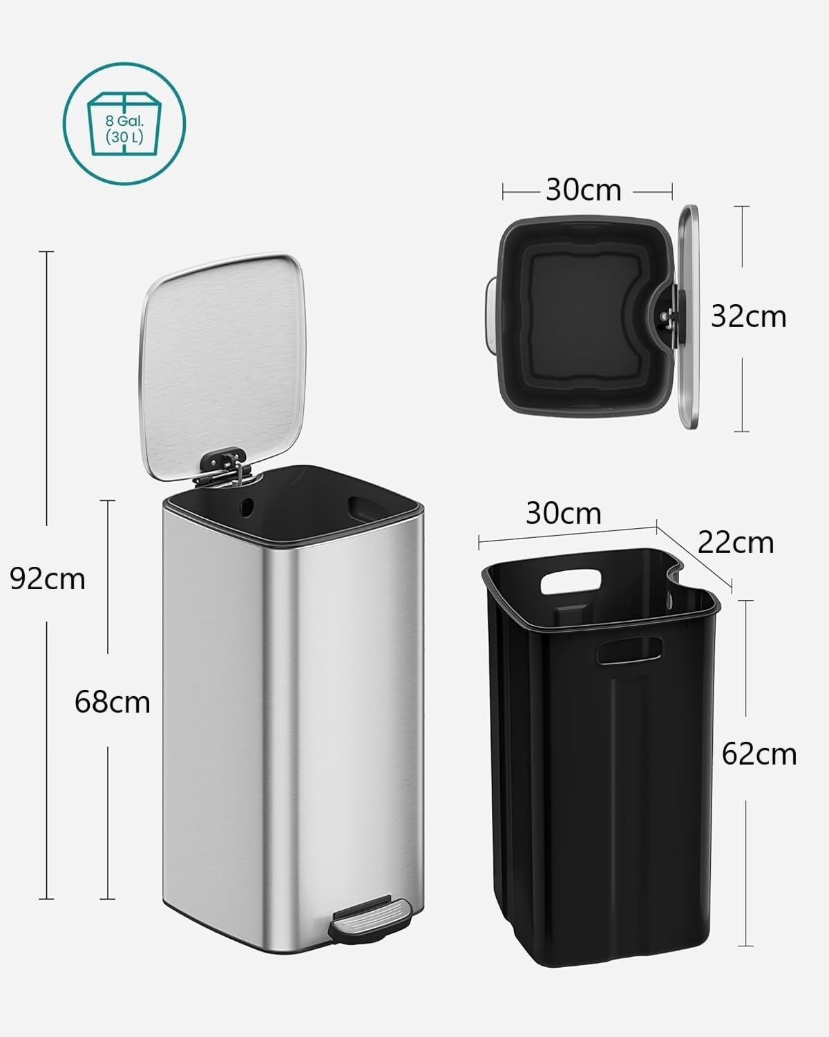 30L Stainless Steel Trash Can : Heavy Duty Metal Garbage Bin with Foot Pedal and Removable Inner Bucket Fingerprint Proof Pedal Rubbish Bin for Home Office (with 50pcs 70*90 cm Trash Bags)