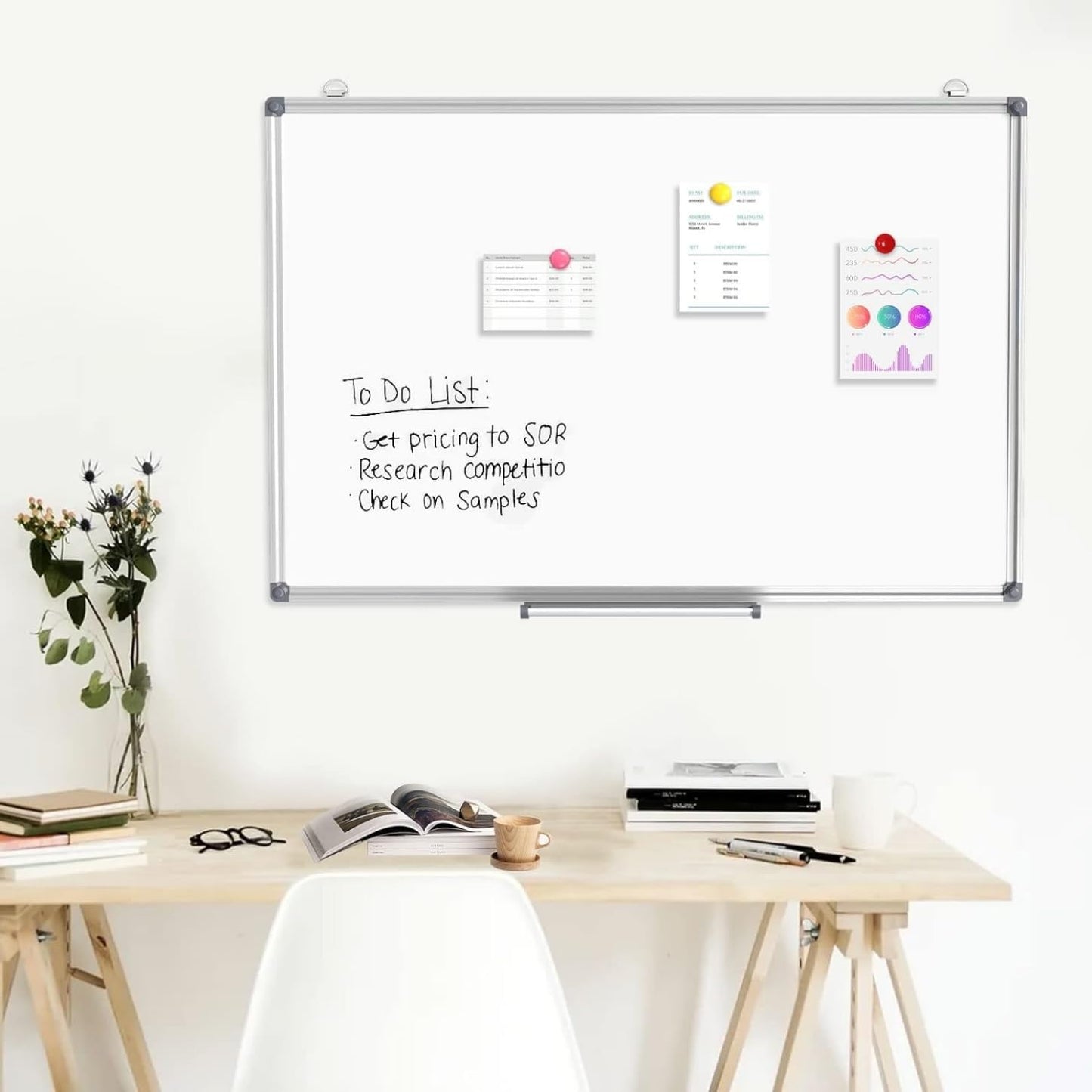 SKY-TOUCH Magnetic Whiteboard 90X120cm, Wall Mounted White Board with Pen Tray, Mountable Dry Erase Wipe Whiteboards for Home Office School Notice Board