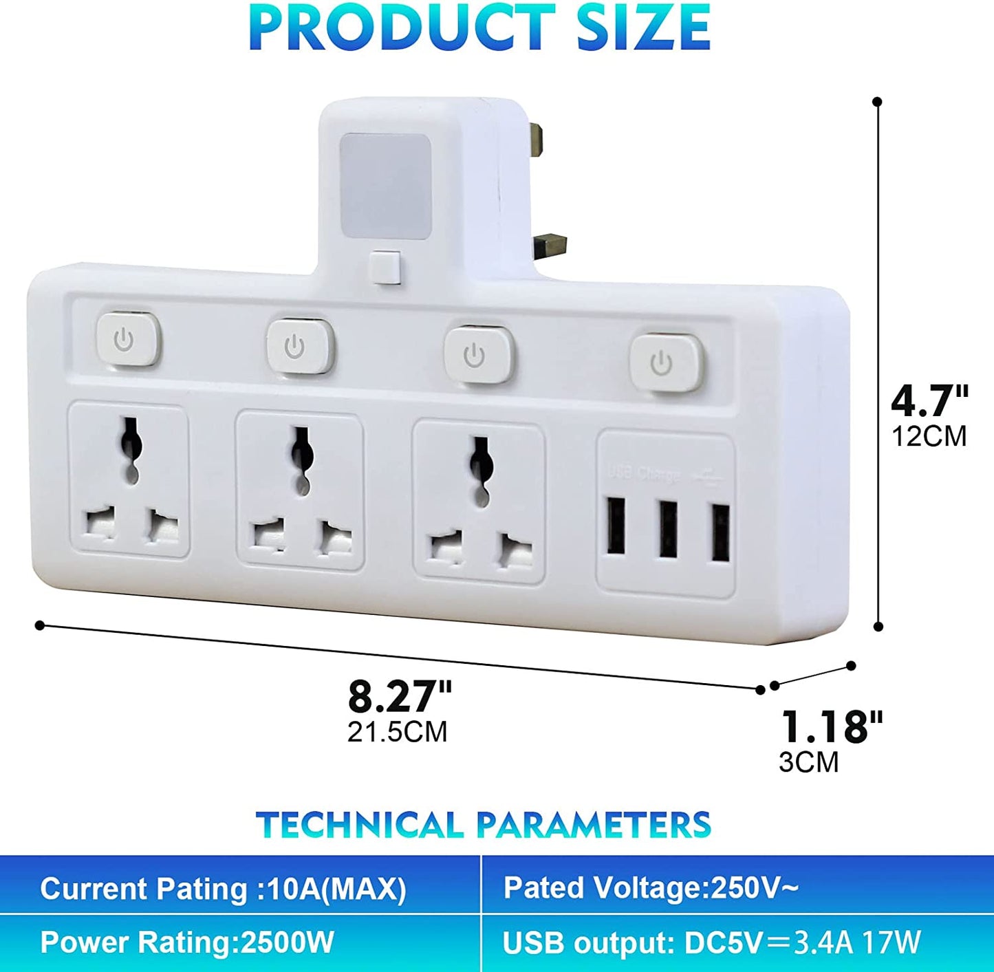 SKY-TOUCH Multi Plug Extension Socket with 3 USB, Electrical Power Extender Outlet Adaptor for Home, Office, Kitchen