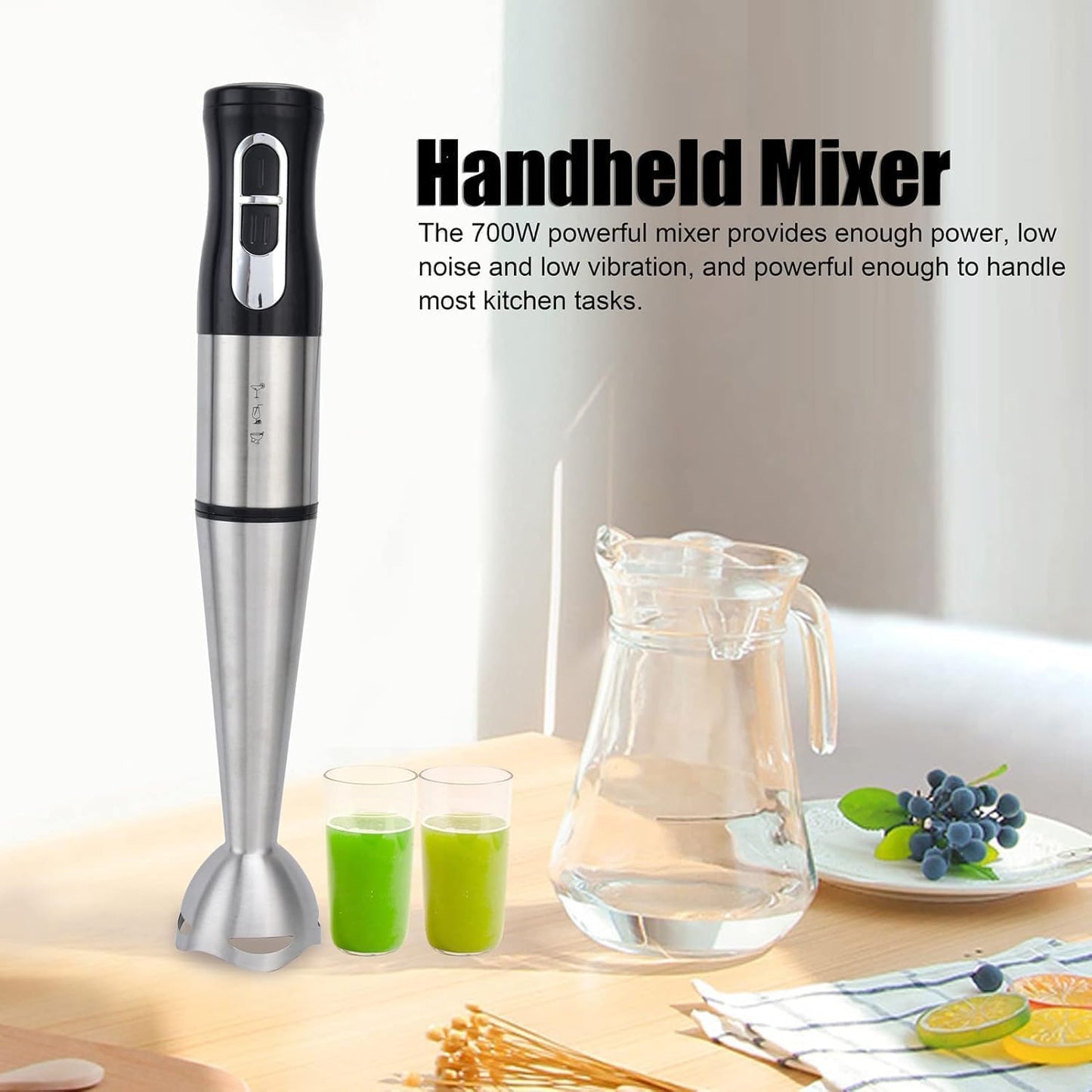 SKY-TOUCH Handheld Immersion Blender, 2-Speed Electric Stick Blender with Double Stainless Steel Blades, Chopper, Whisk, Beaker for Juices, Baby Food, Soups, and Sauces - Black, 36.5 * 6.5 * 6.5cm