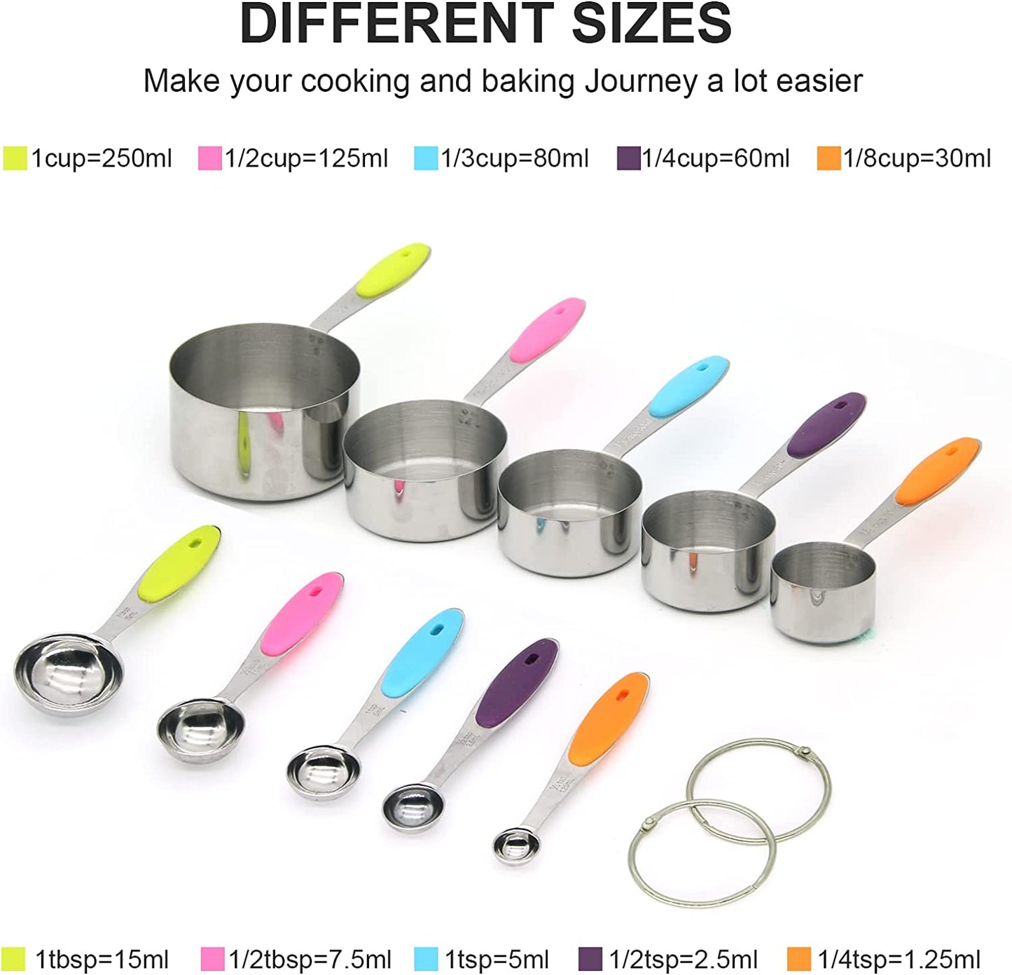 SKY-TOUCH 10 Piece Measuring Cups and Measuring Spoons Set with Detachable Ring ¨C Stainless Steel Stackable 5 Cups 5 Spoons with Silicone Grip Handle to Measure Dry Liquid Food for Cooking or Baking