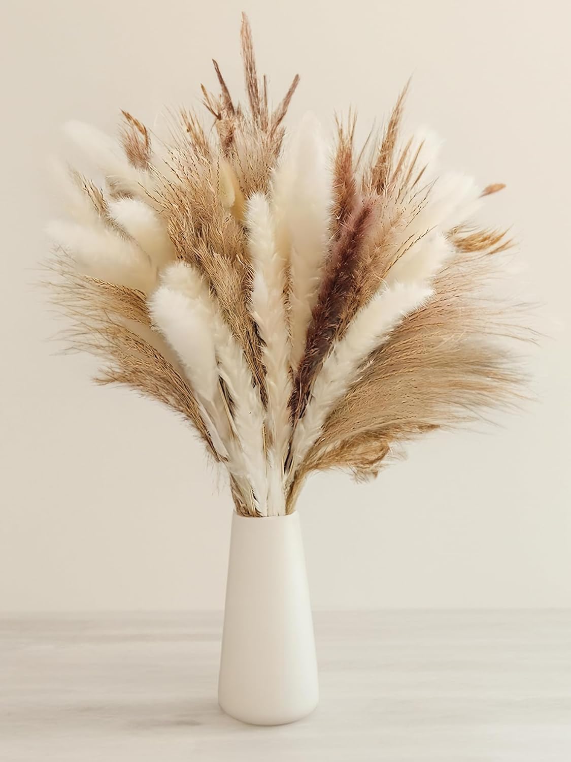 SKY-TOUCH Natural Dried Pampas Grass Bouquet : Brown White Reed Pampas Floral Arrangements Decorations for Home Room Office Party Decor (60PCS)