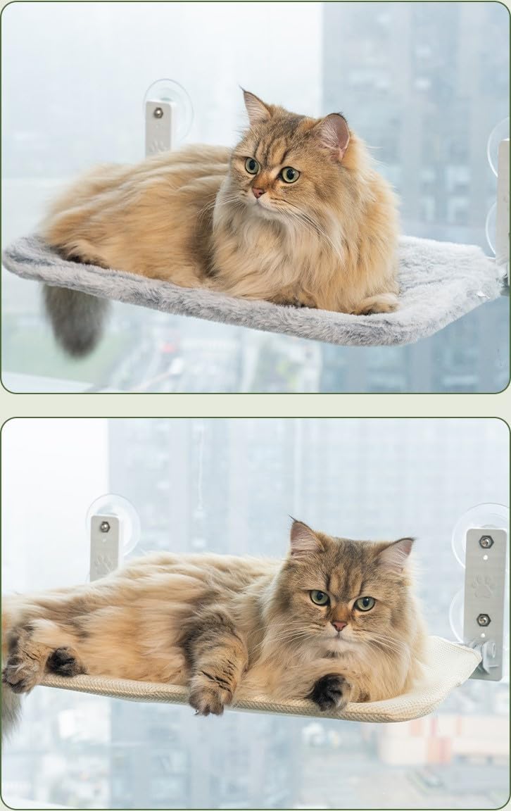 SKY-TOUCH Cat Window Perch : Foldable Cordless Cat Hammock with 4 Strong Suction Cups Solid Metal Frame Soft Plush Pad for Cats Sunbathing Napping Overlooking