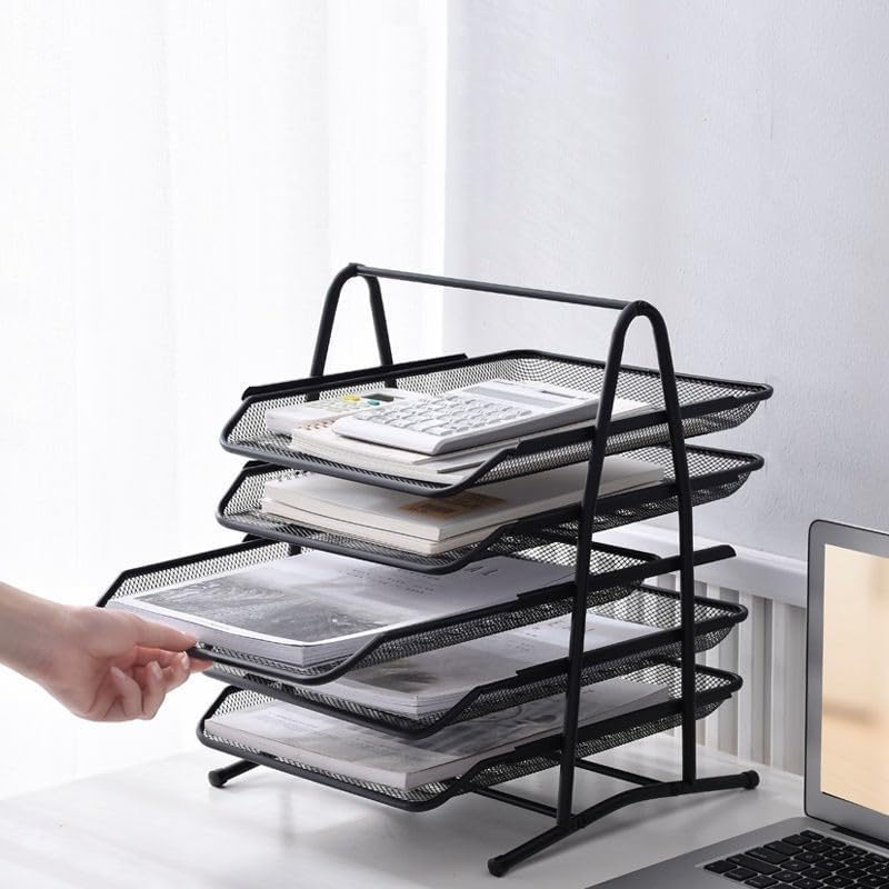 Roll over image to zoom in SKY-TOUCH 5 Tier Paper Tray : Desktop Organizer File Storage with Sliding Tray Stackable File Rack Metal Mesh Letter Trays for Office Study Room School Desktop