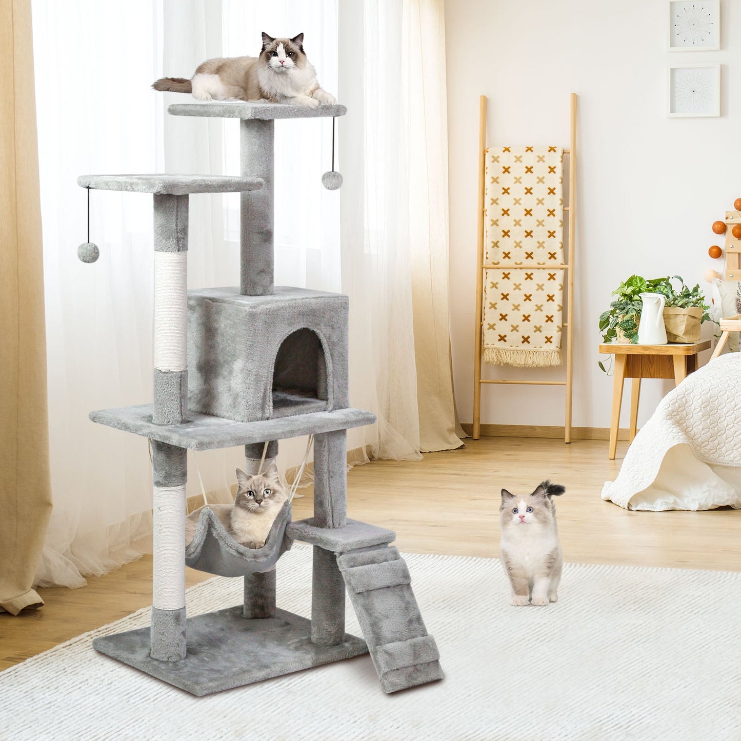 SKY-TOUCH Cat Tree Tower£¬Cat Condo with 4 Sisal Scratching Post,Activity Centre Cat Climbing Tree with Cat House£¬Hammock, Sisal Posts, Ladder, and Rest Place for Indoor Cat£¨120¡Á54¡Á30cm£©Grey