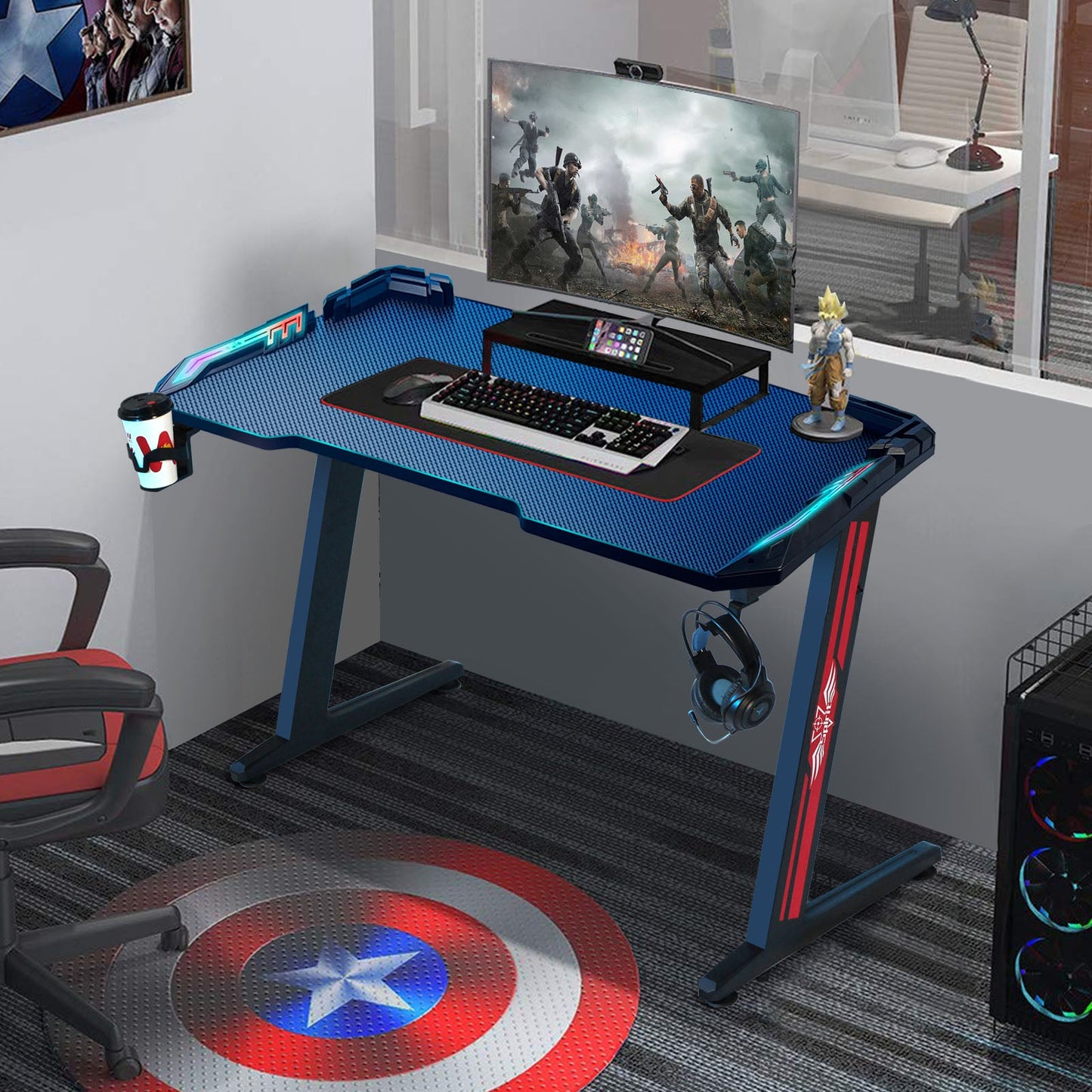 SKY-TOUCH Gaming Desk,Ergonomic Computer and Gaming Table Z Shaped for Pc, Workstation, Home, Office with LED Lights Carbon Fiber Surface,Cup Holder and Headphone Hook,Blue120¡Á60¡Á75cm