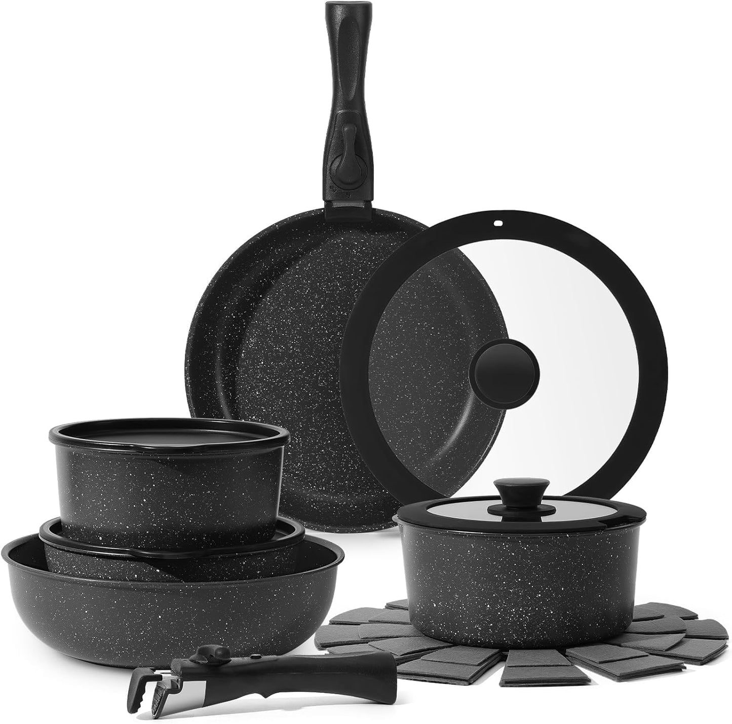 SKY-TOUCH 6 pieces Non Stick Pots and Pans Set Detachable Handle,Nonstick Cookware Sets, Kitchen Cookware Sets with Removable Handle, Stackable RV Cookware for Campers,Dishwasher/Oven Safe,Grey